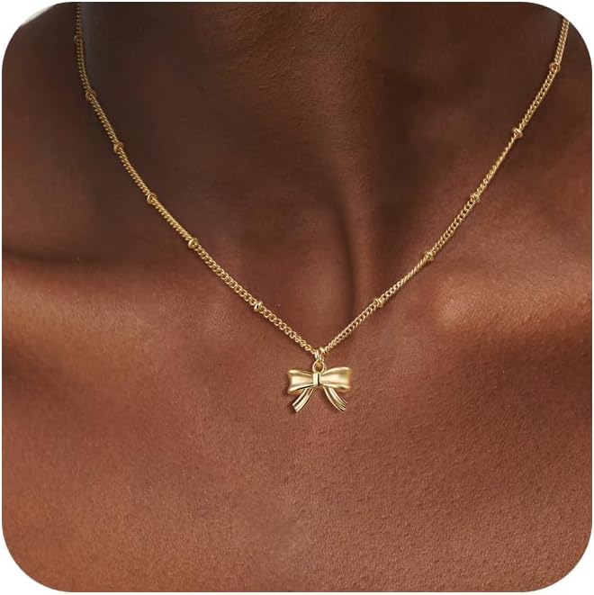Risamil Store 14K Gold Plated Necklace for Women - Bow Necklace - Dainty Necklace Cute Small Tiny Bow Pendant Choker Chain Necklace Trendy Necklaces for Women Jewelry Gift - Image 1